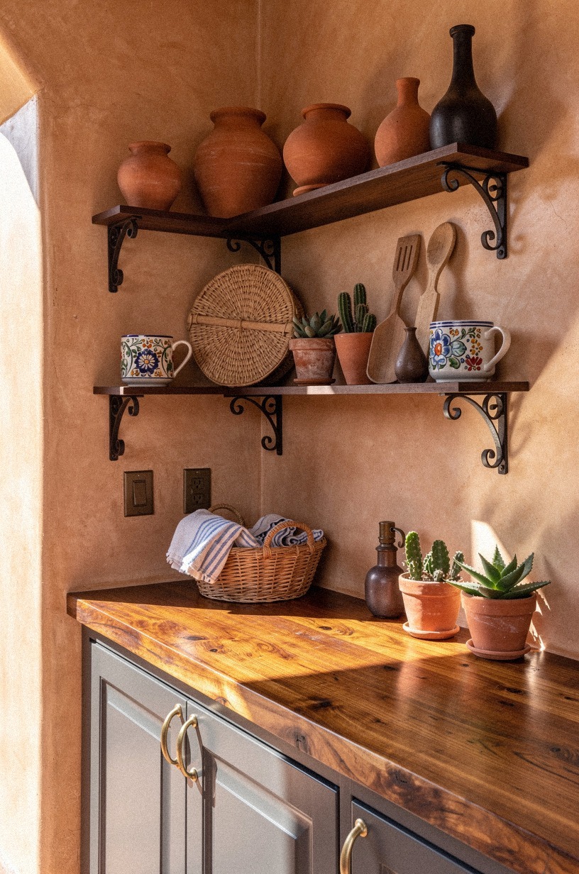 Layer wrought iron shelves with clay pottery
