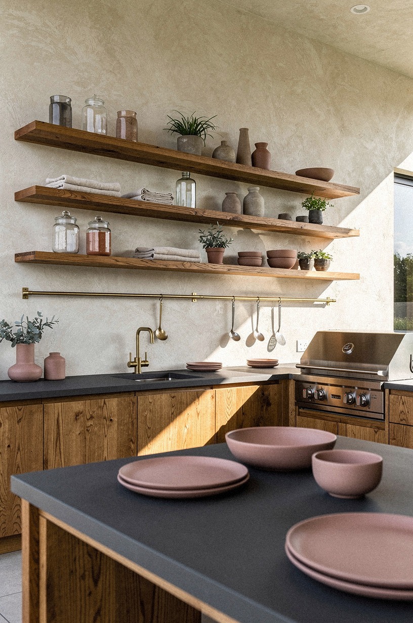Mount open shelves above the serving counter