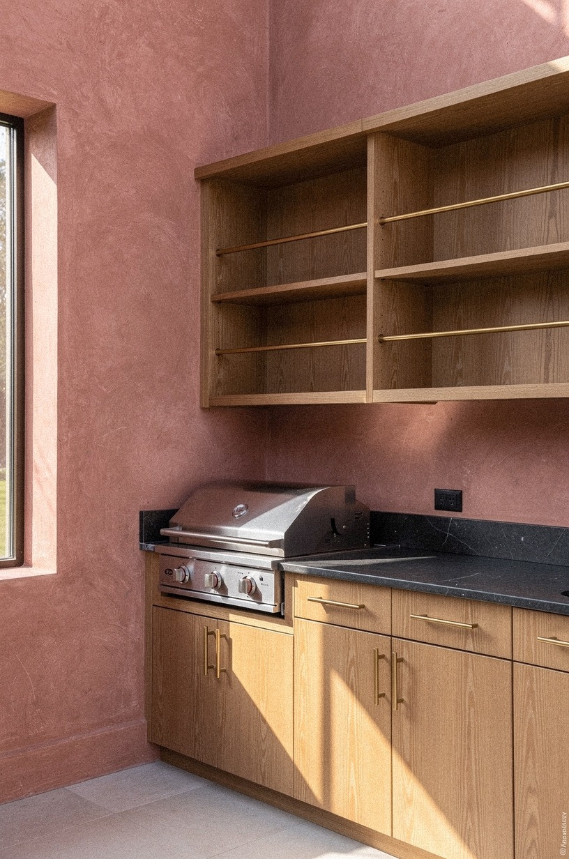 Frame open shelves above a quartzite landing