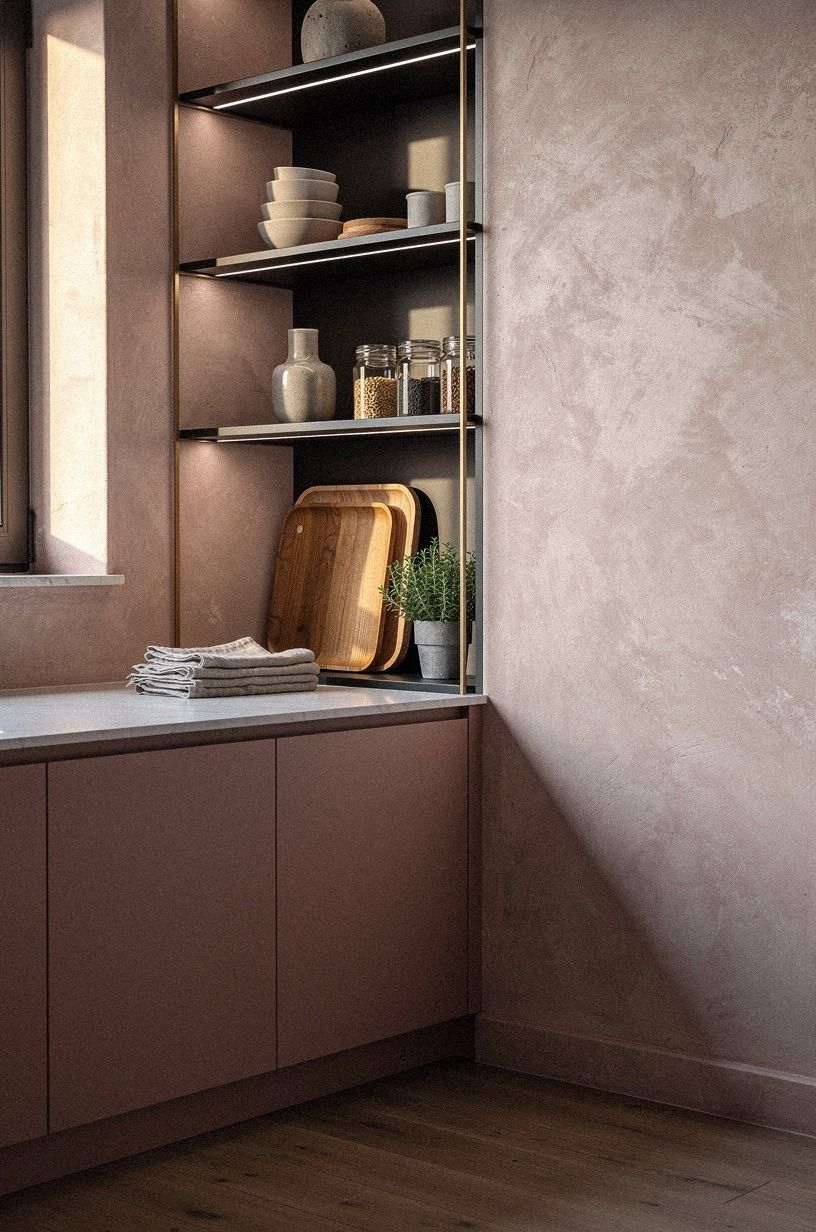 Stack vertical trays beside deep shelves