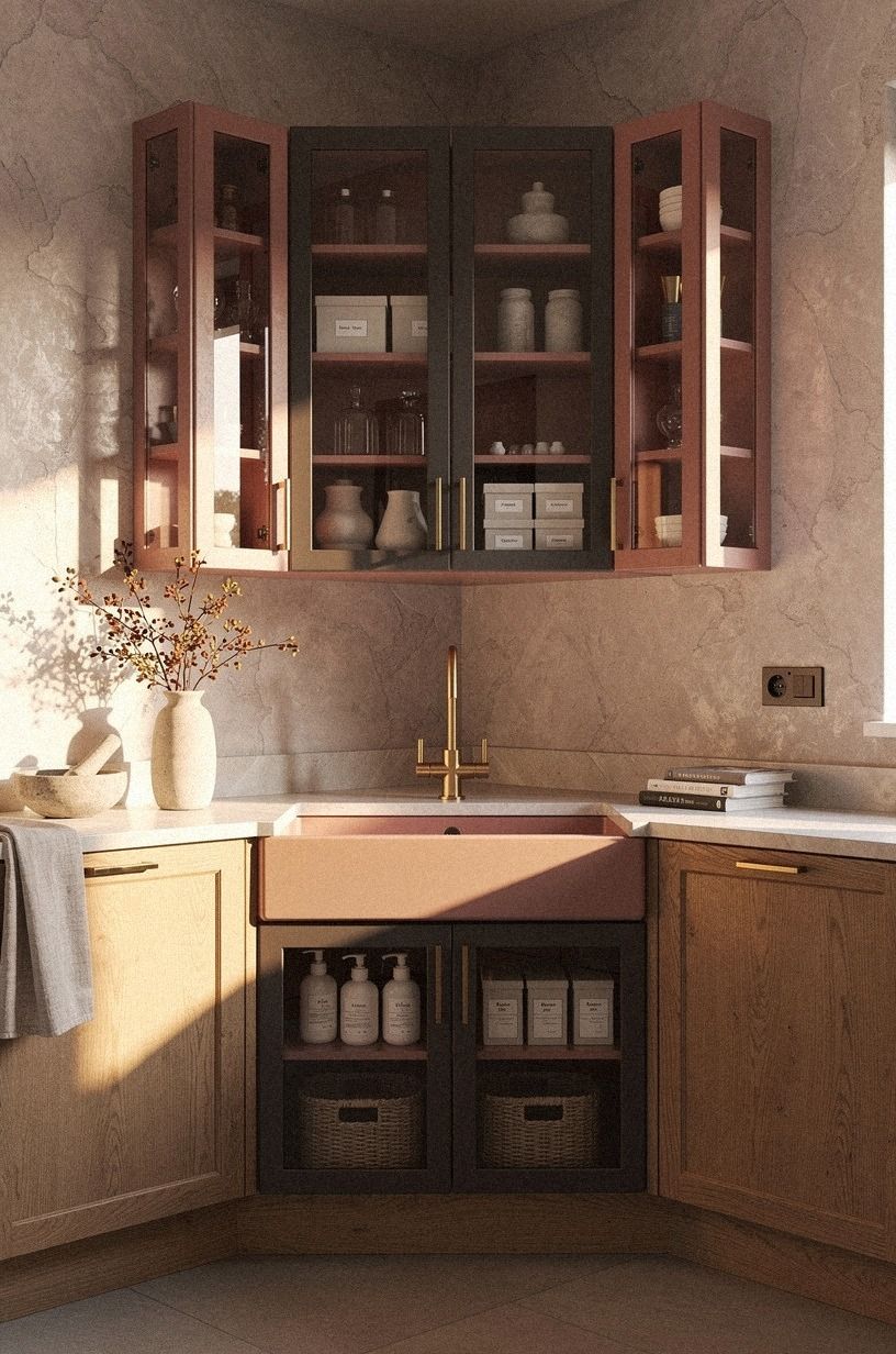 Frame the sink with glass cabinet fronts