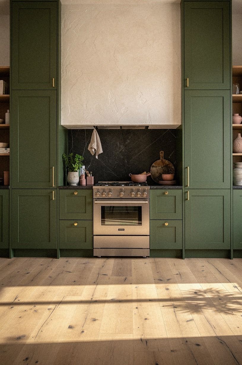 Frame the range with green cabinet towers