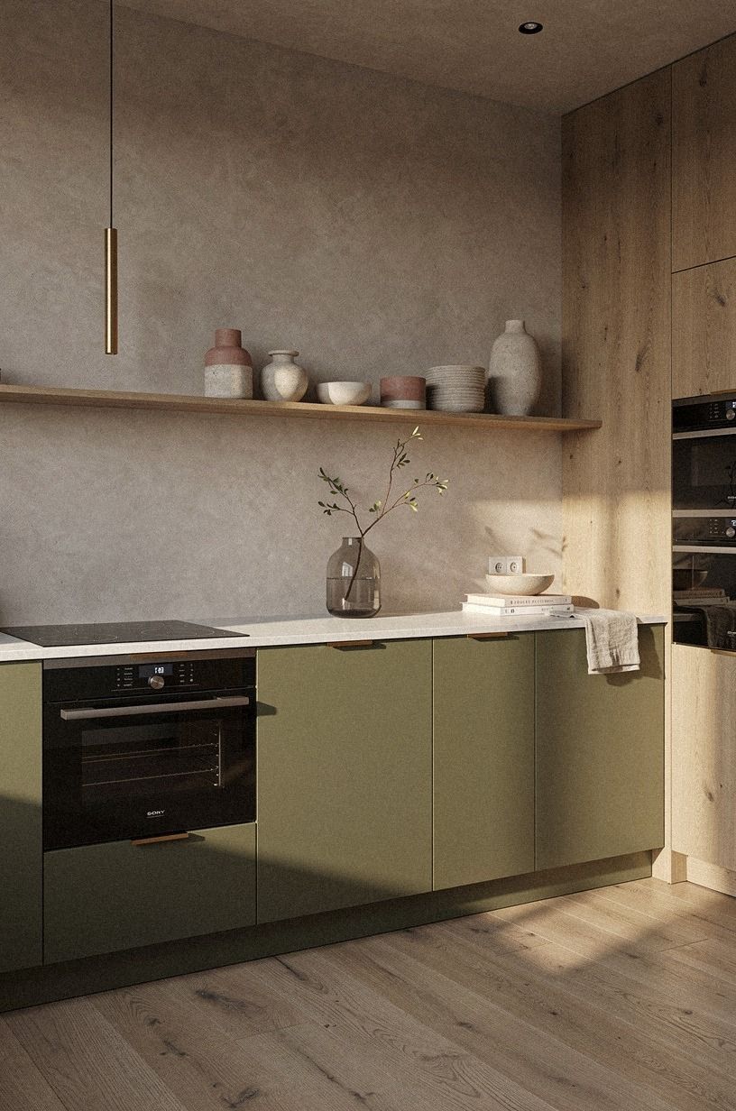 Paint lower cabinets a muted olive green