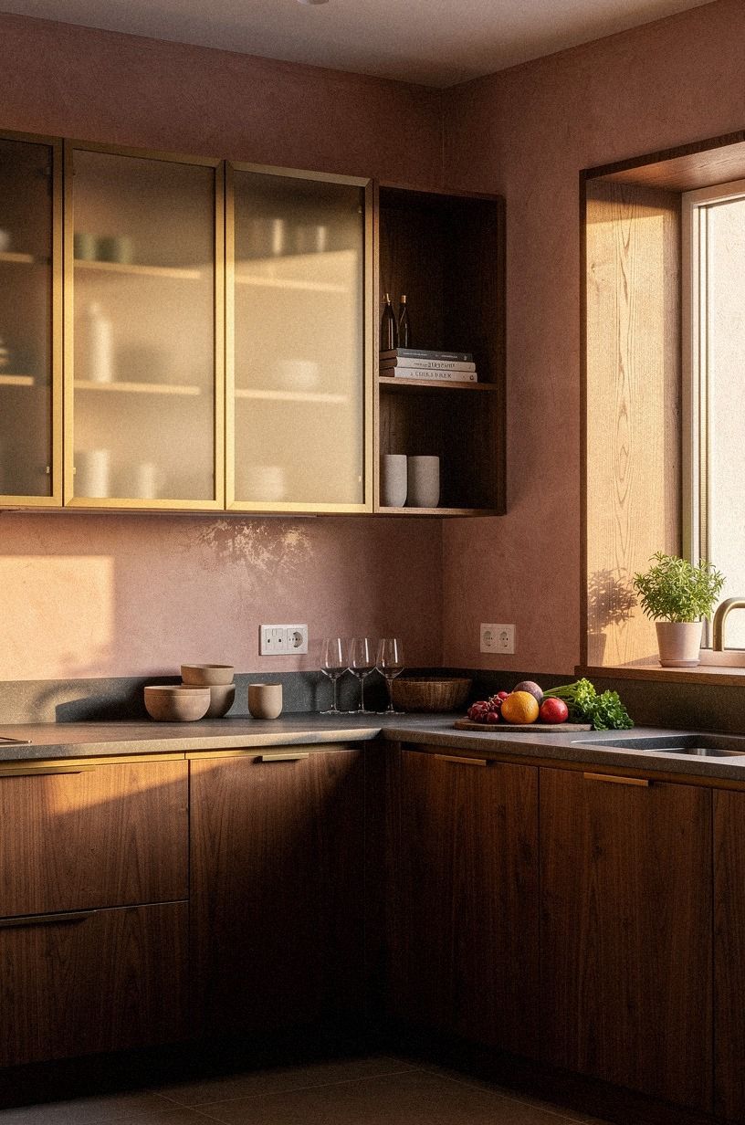 Mix walnut lowers with frosted glass wall cabinets