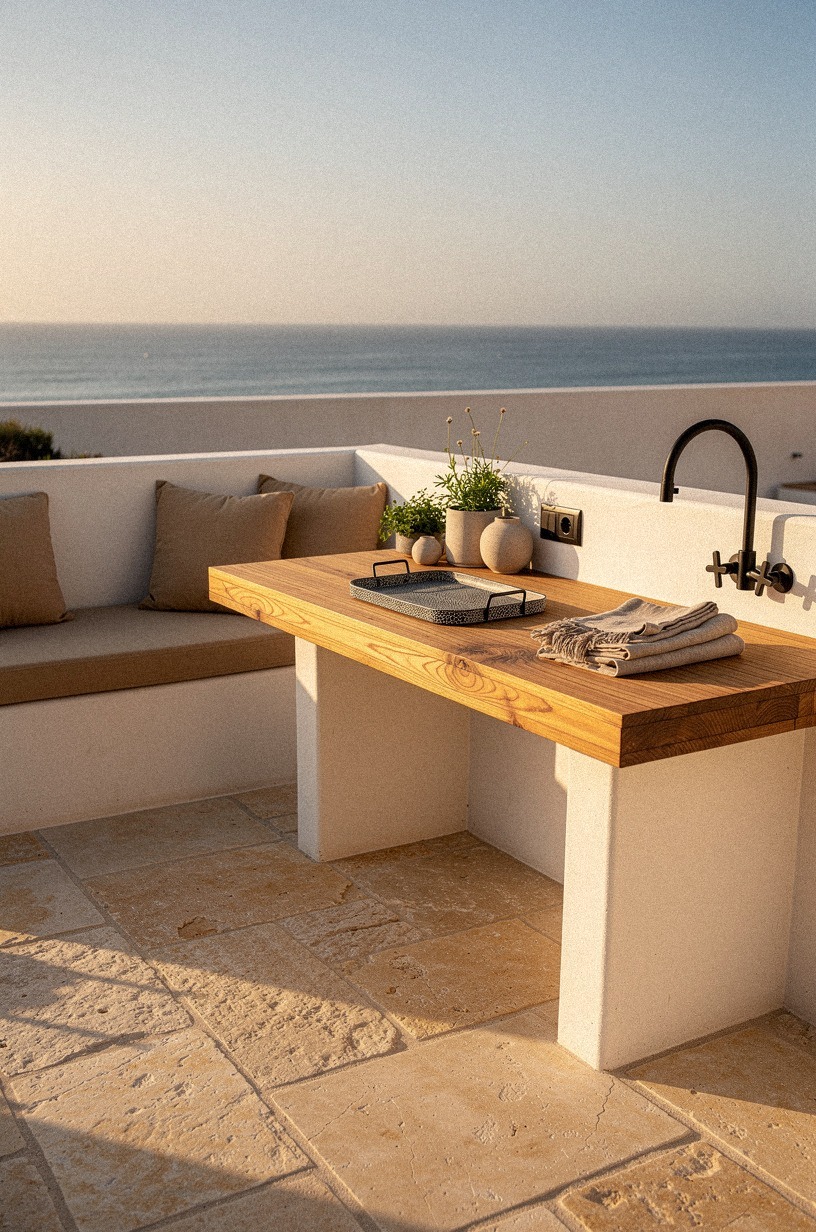 Layer limestone pavers under the kitchen zone