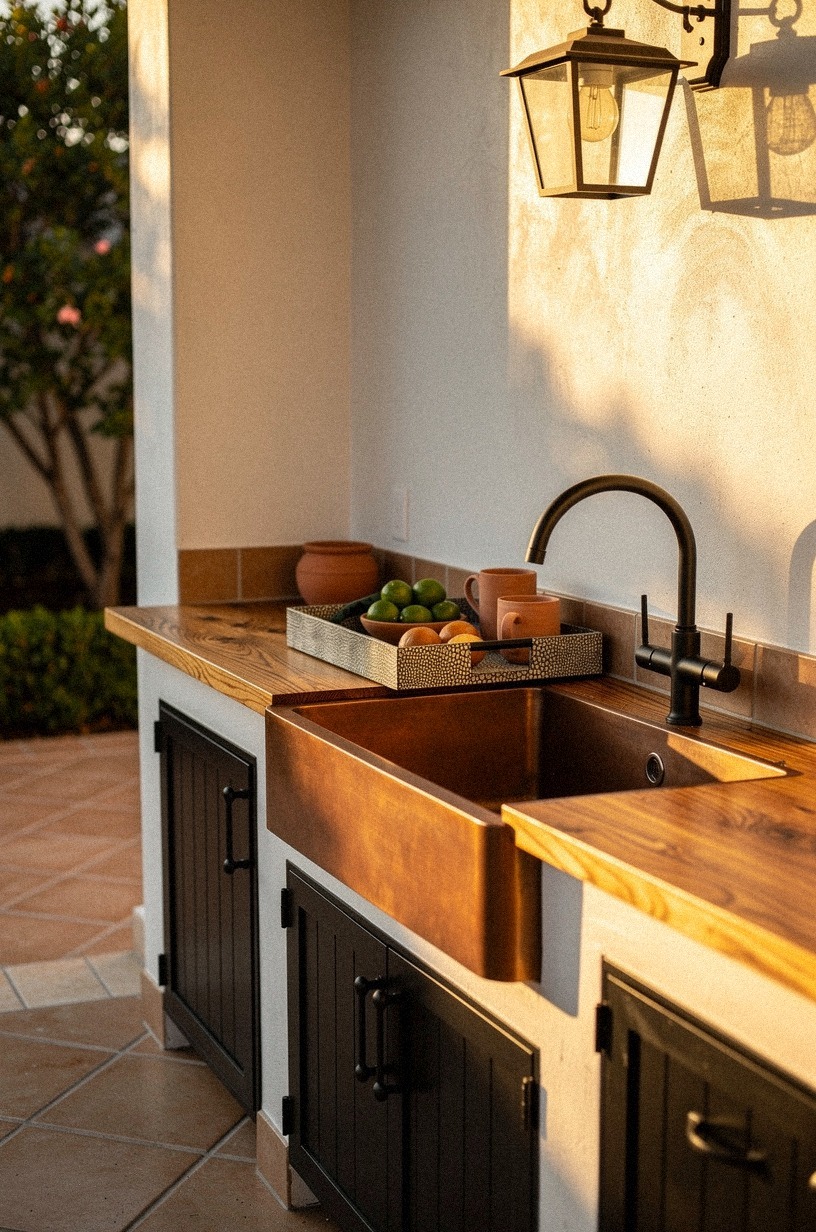 Install a copper farmhouse sink outdoors