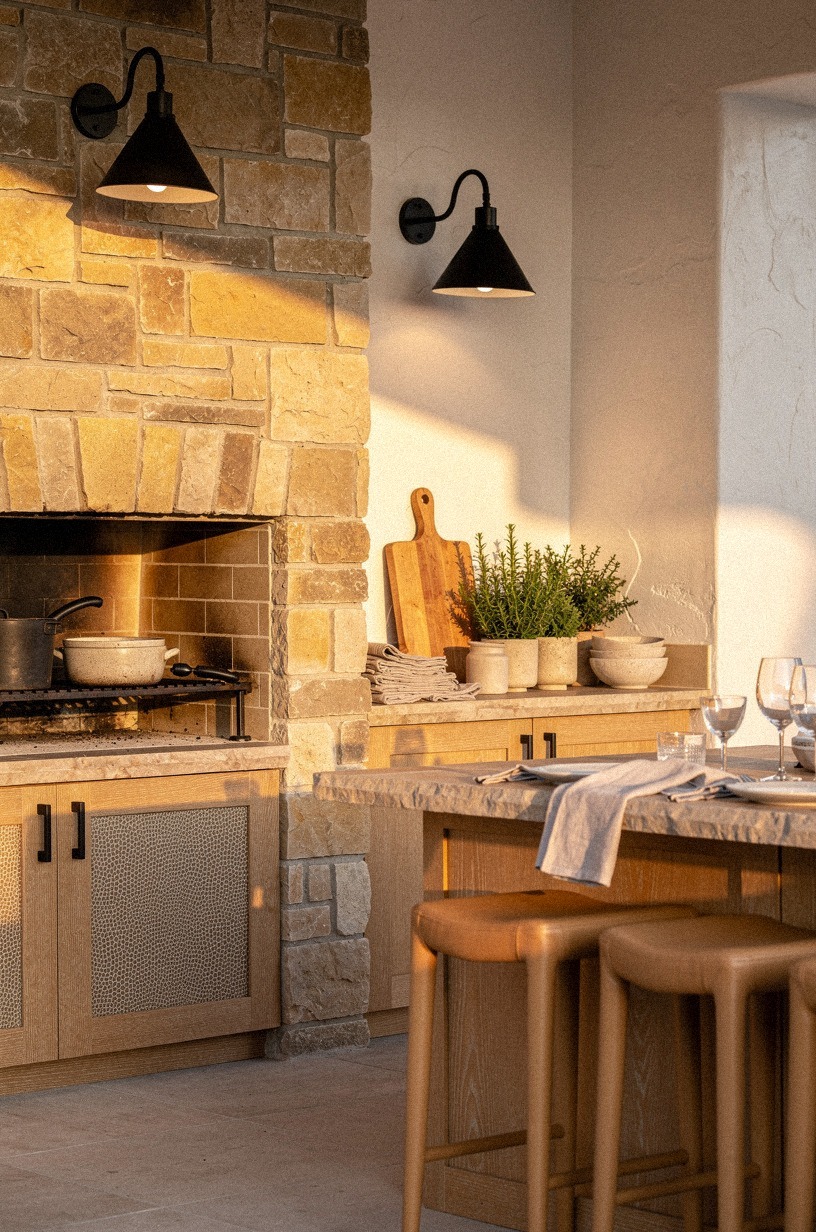 Mount black sconces over the barbecue wall