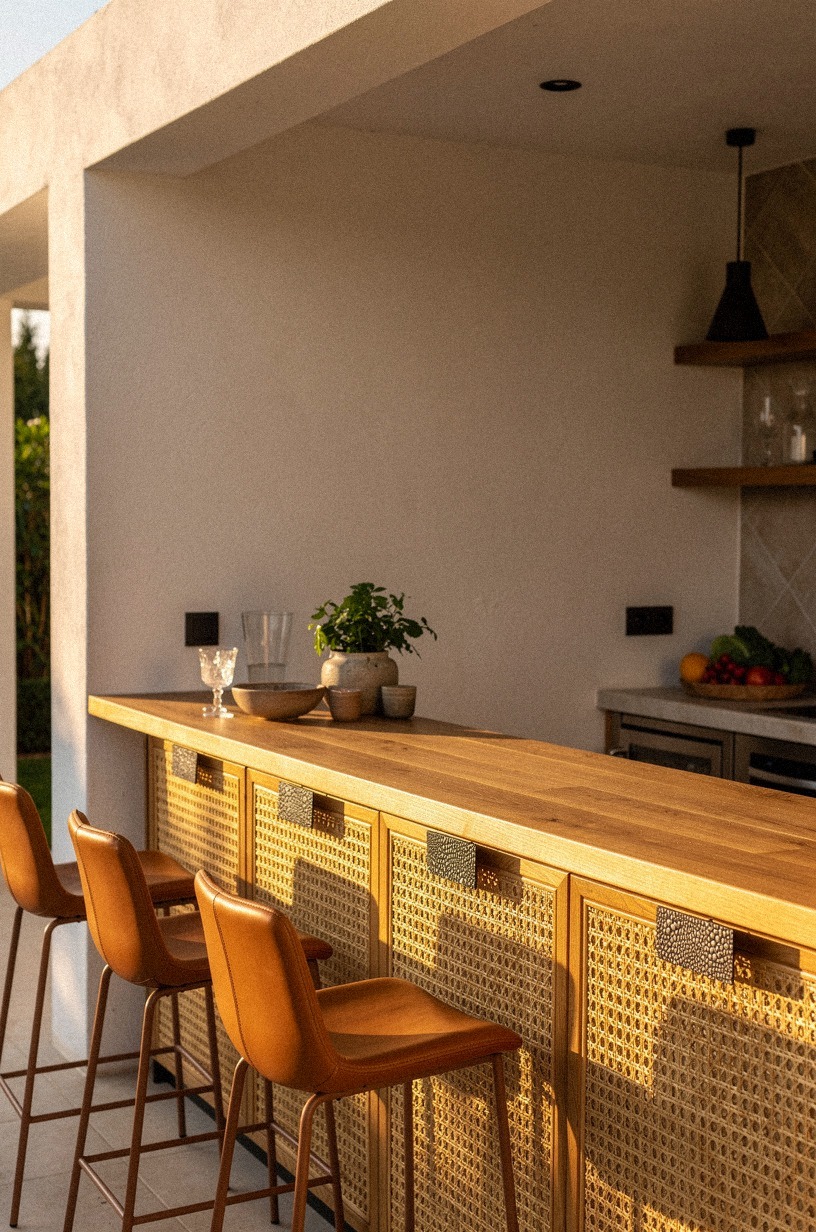 Rattan panels against cedar: the warmest bar front you'll ever build