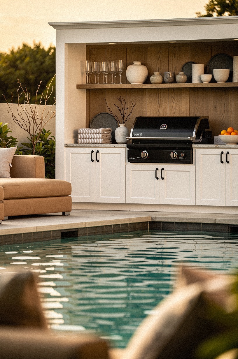 Frame the grill with poolhouse cabinetry