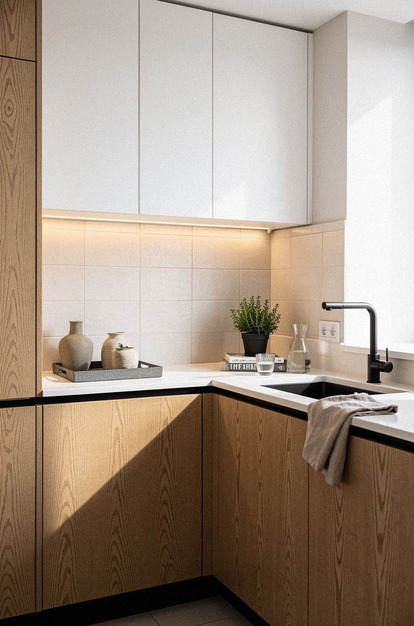 Lift wall cabinets to expose backsplash tile