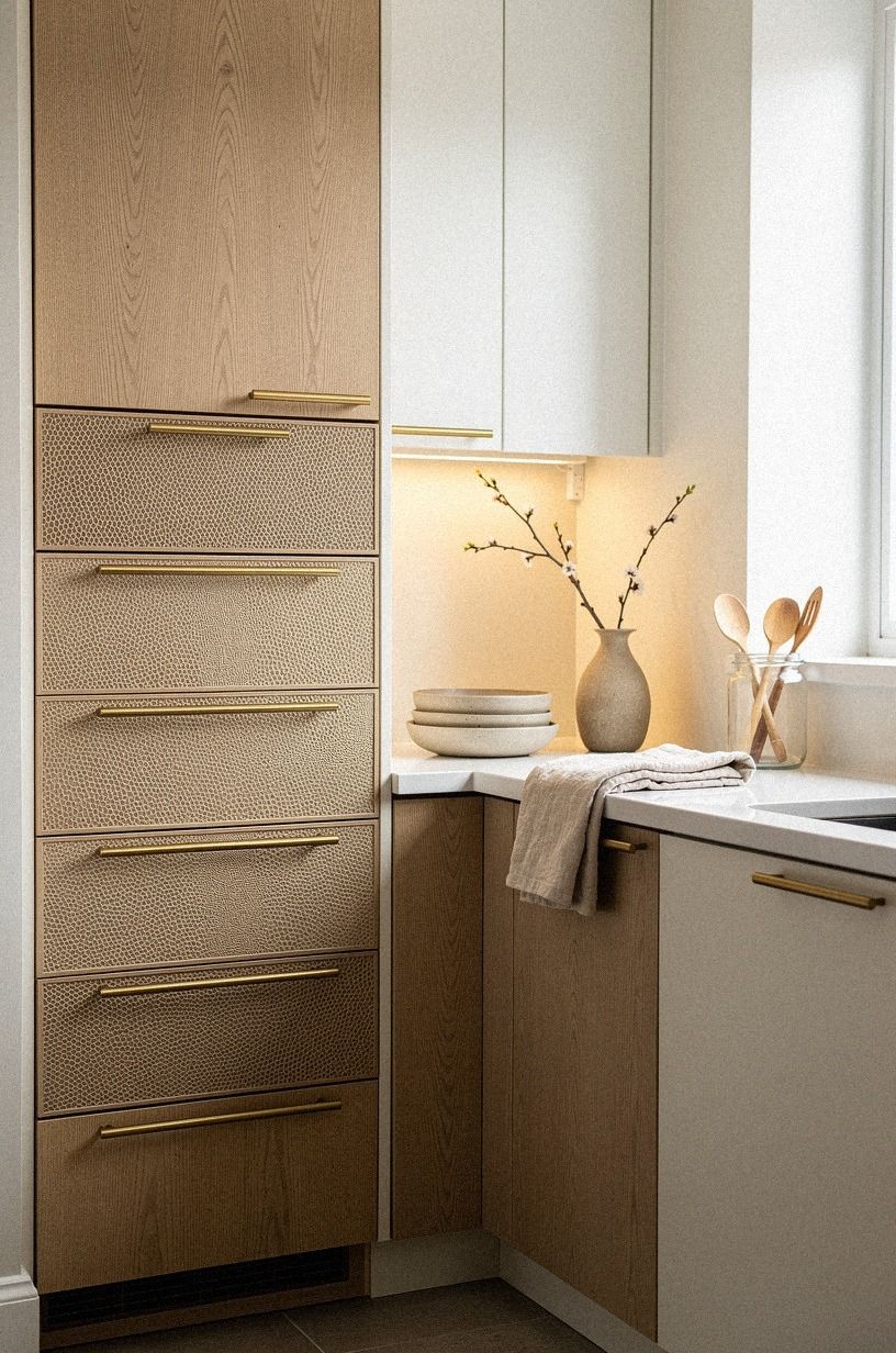 Use brass rail pulls on narrow drawers