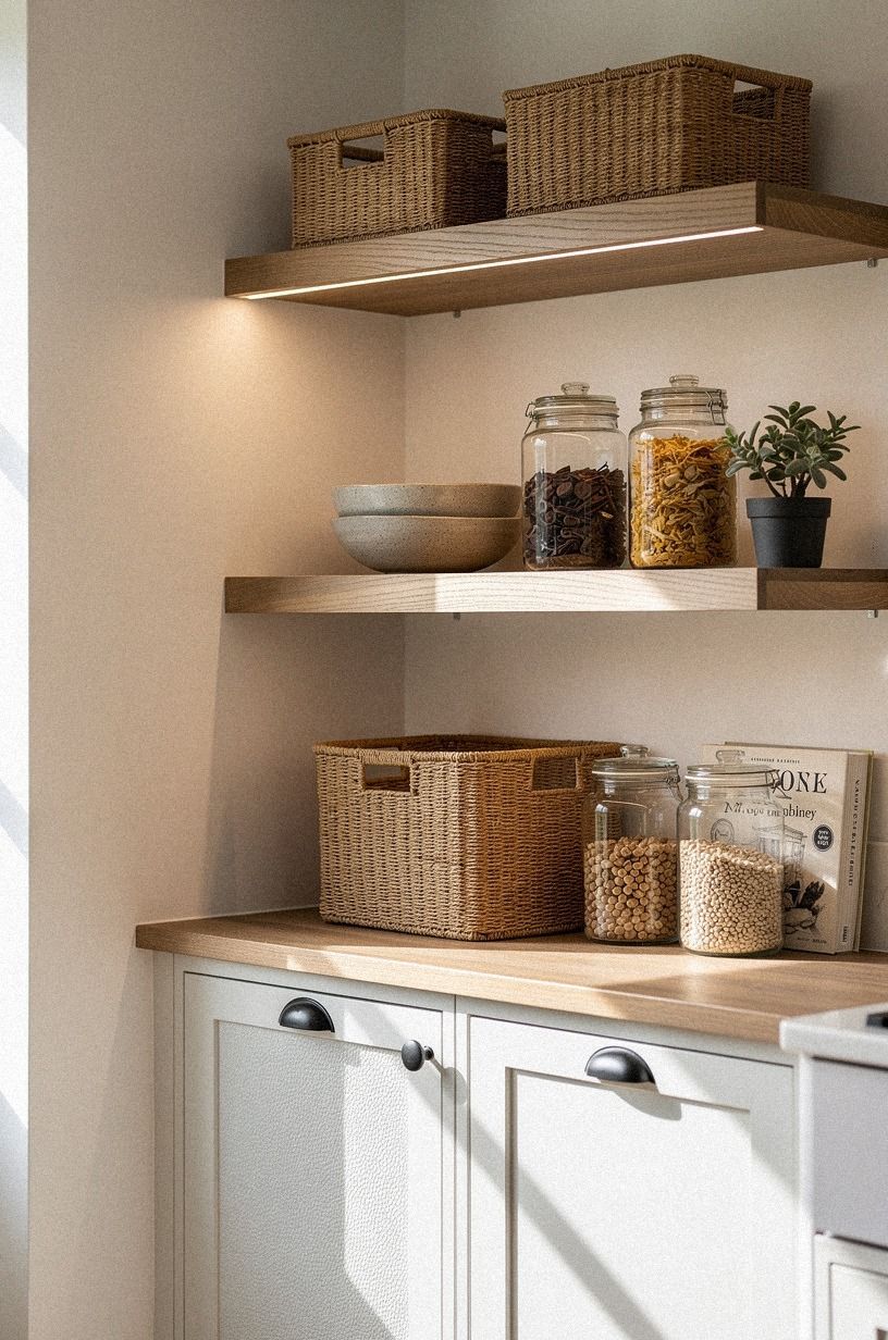 Group inside-cabinet baskets on open shelves