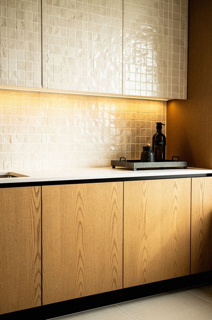 Soften oak cabinets with creamy zellige tile