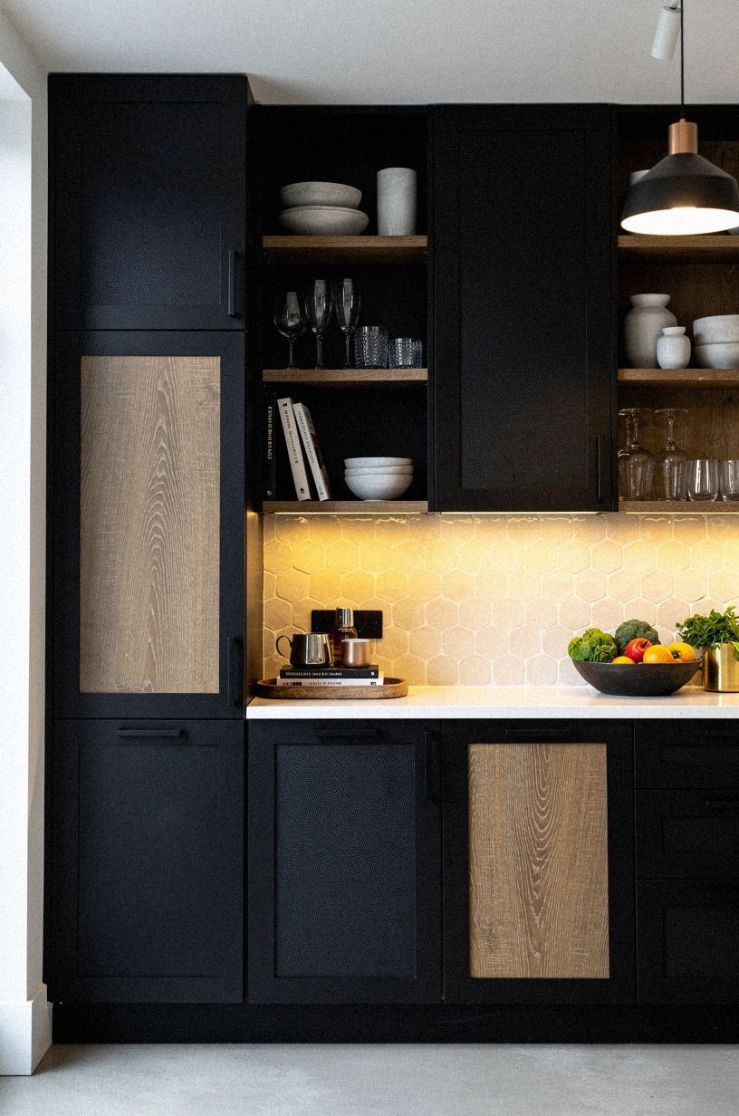 I softened black cabinets with cream zellige