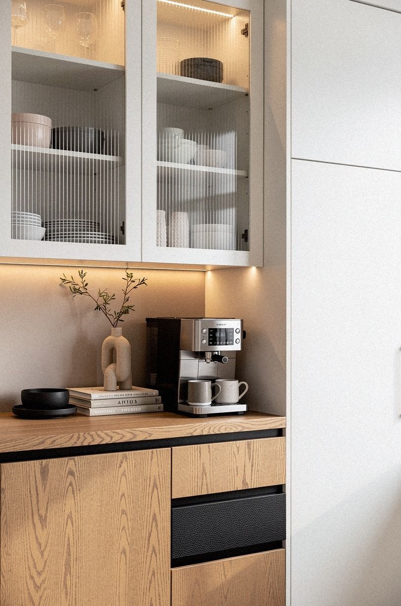 Add reeded glass doors above the coffee zone