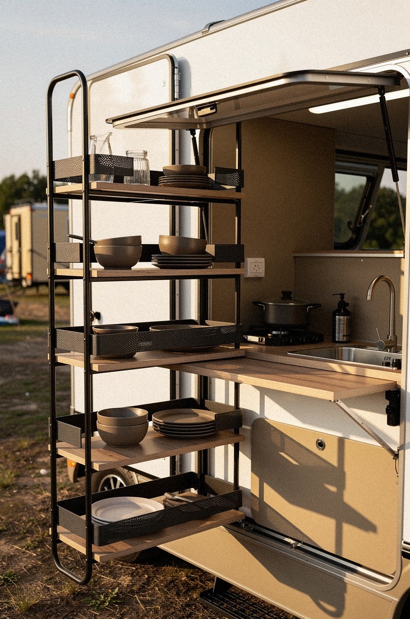 Stack folding shelves beside the service window