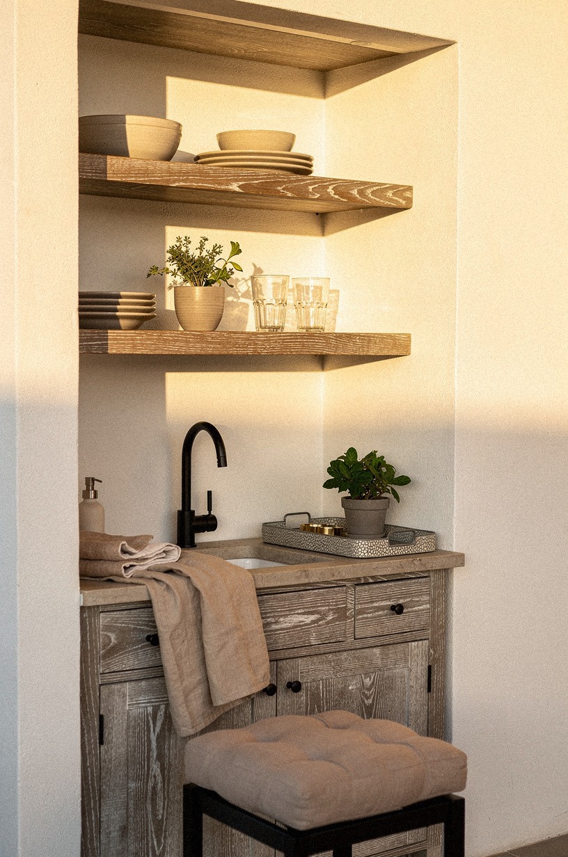 Frame the sink with weathered wood shelves
