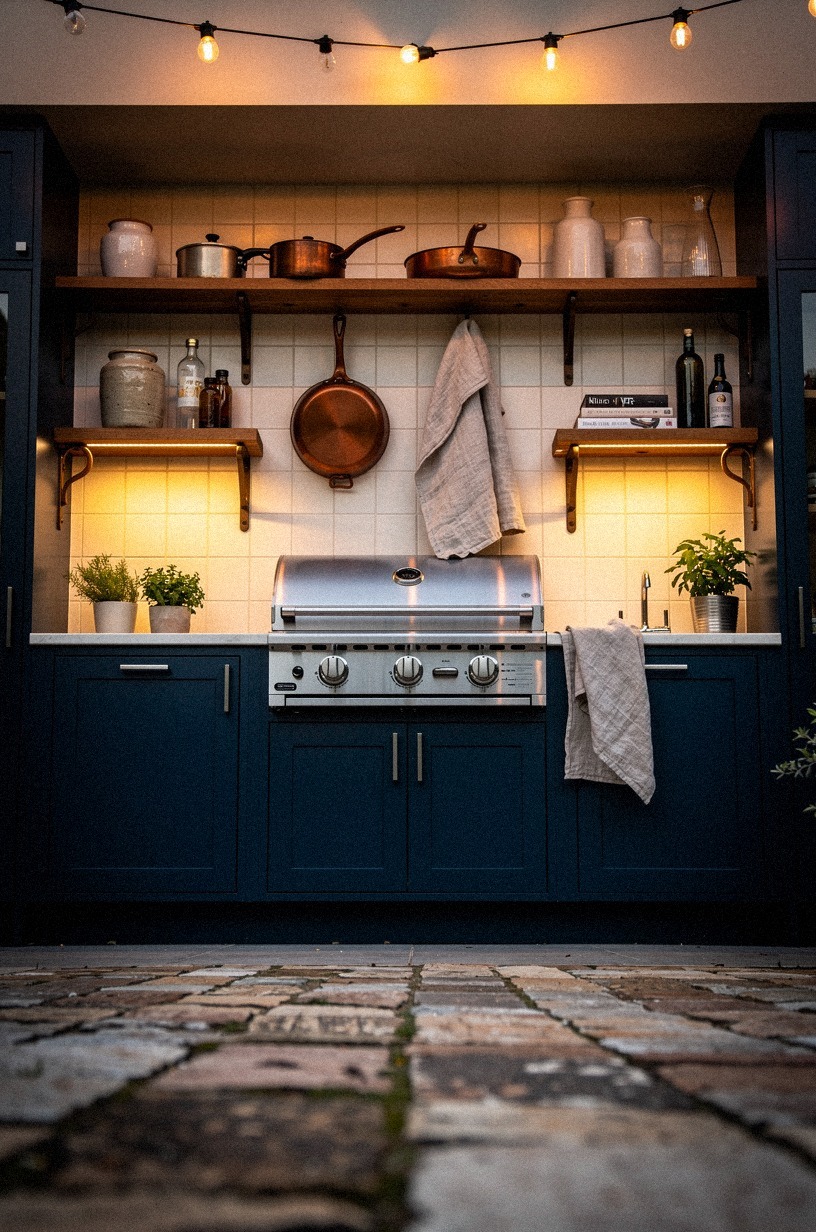 Mount open shelves beside the outdoor range