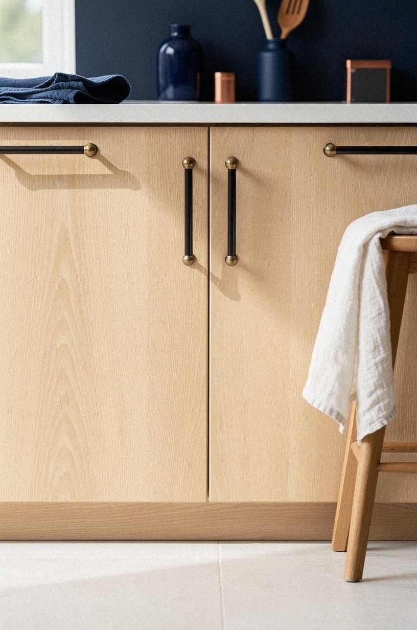 Anchor pale oak with black cabinet pulls