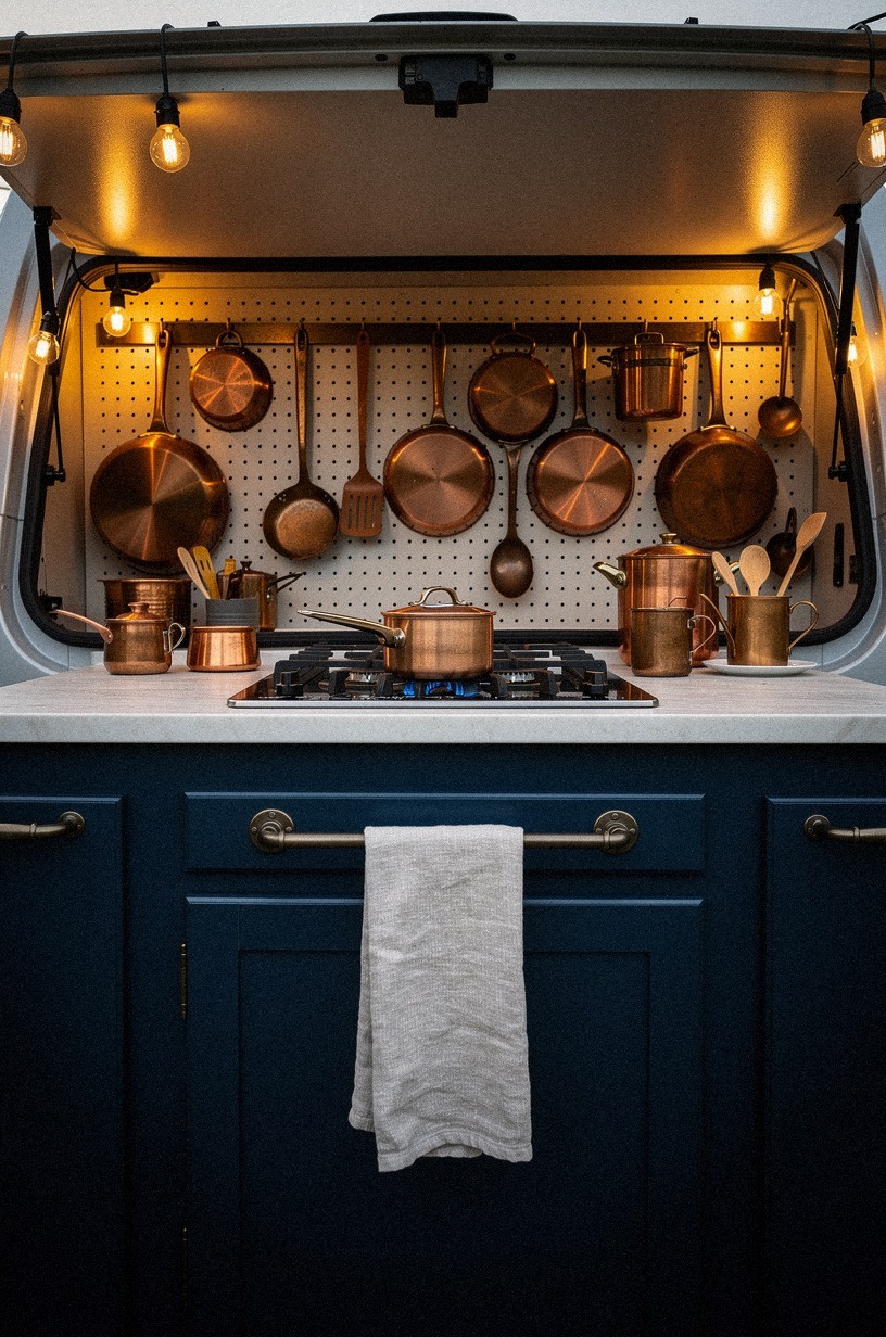 Add a pegboard backsplash for camp cookware