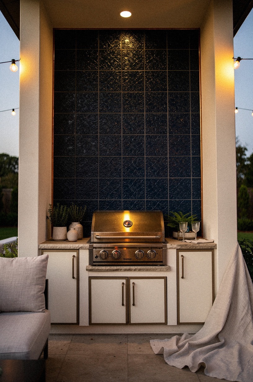 Layer patterned tile behind the grill (or keep it simple)