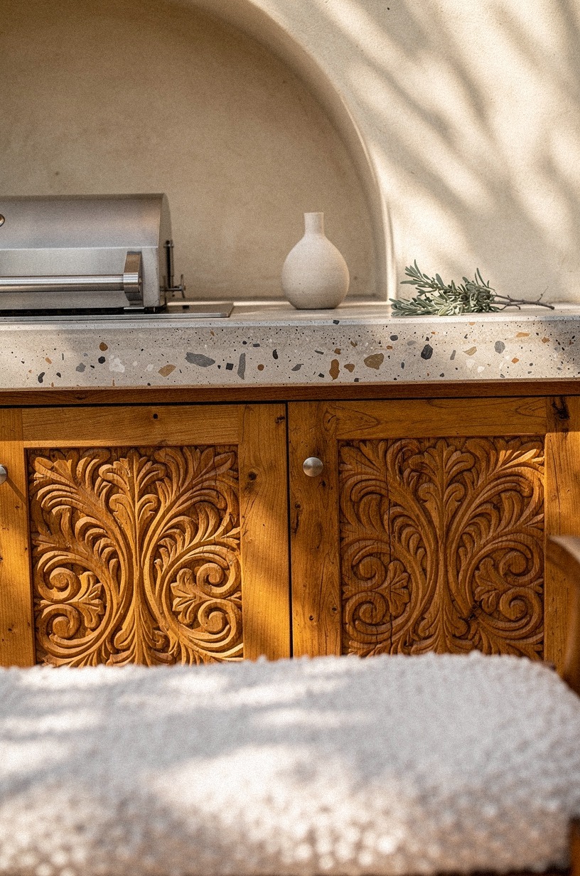Add carved wood doors below the grill
