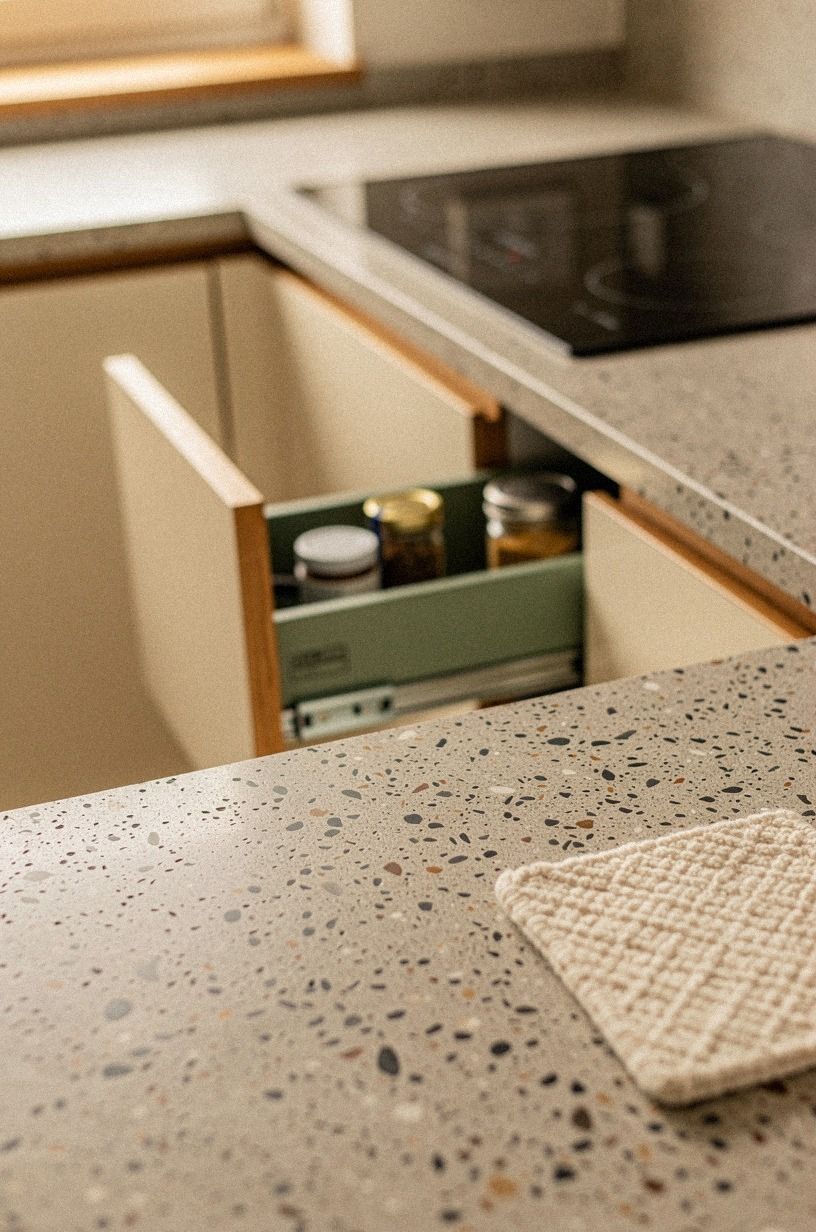 I tucked spice drawers beside the stove