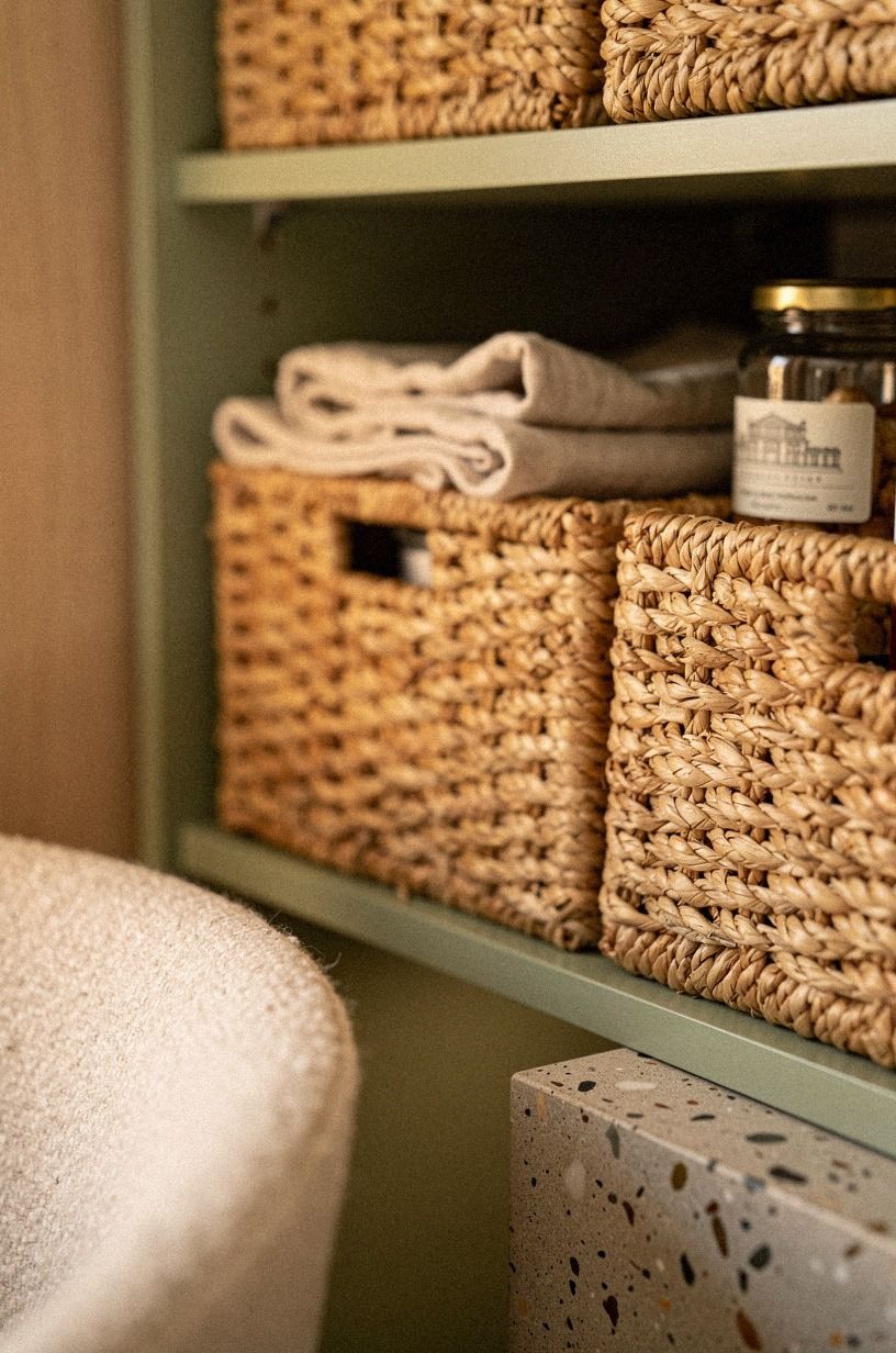 Run baskets across the highest pantry shelf