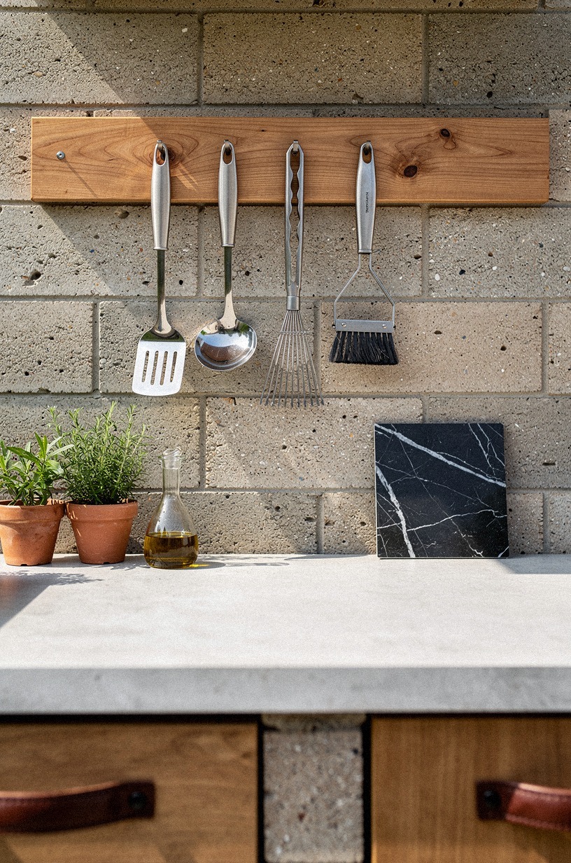 Mount a cedar tool rail above the backsplash