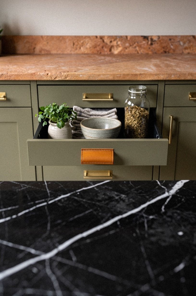 Label deep drawers with brass card pulls
