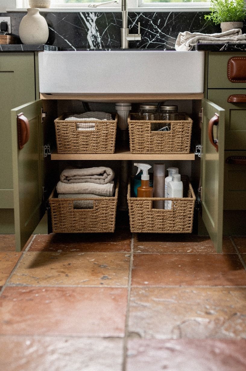 Slide woven baskets under open sink shelving