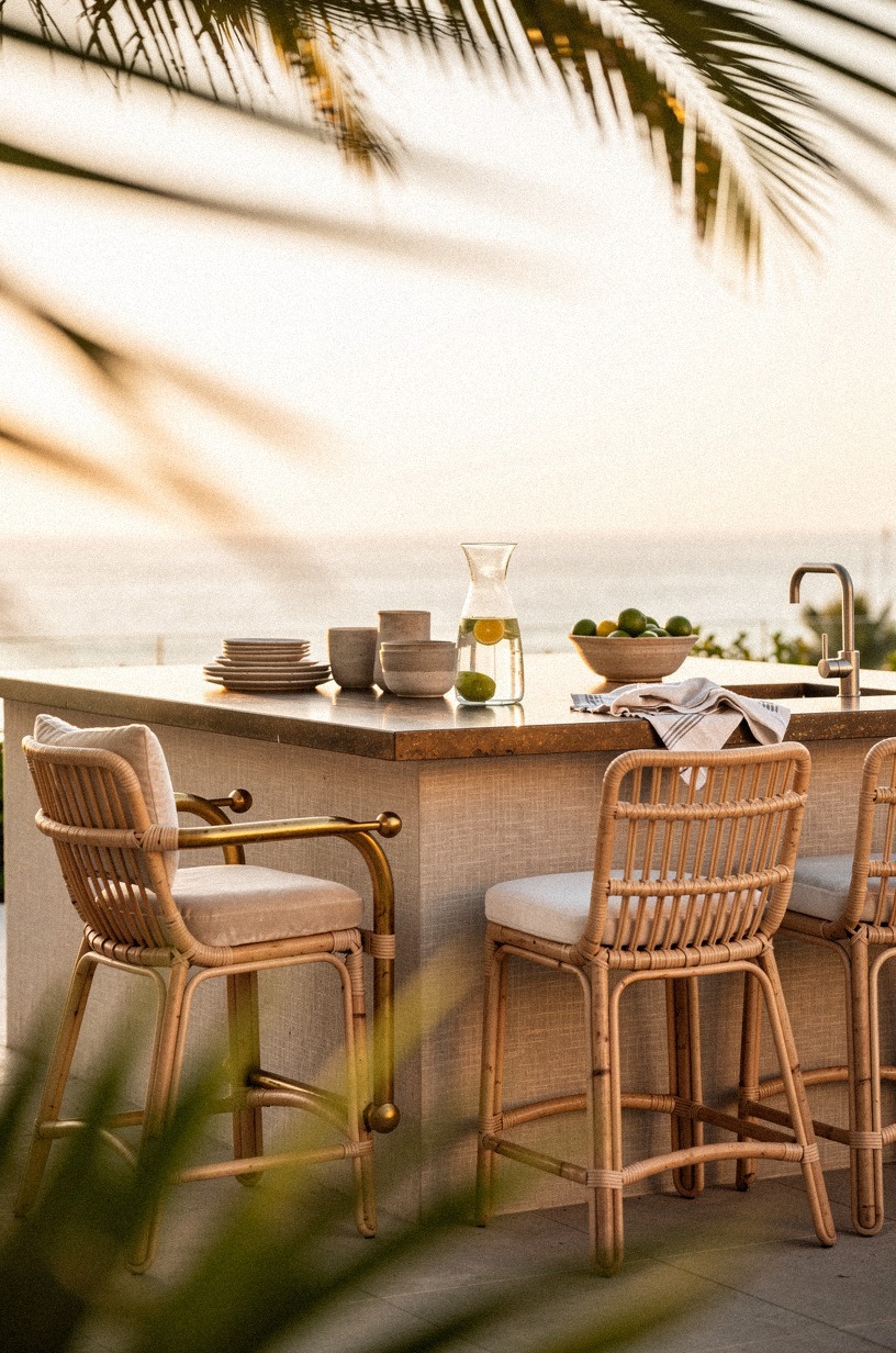Add rattan stools along the serving ledge