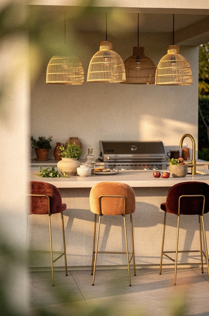 Cluster rattan pendants over prep seating