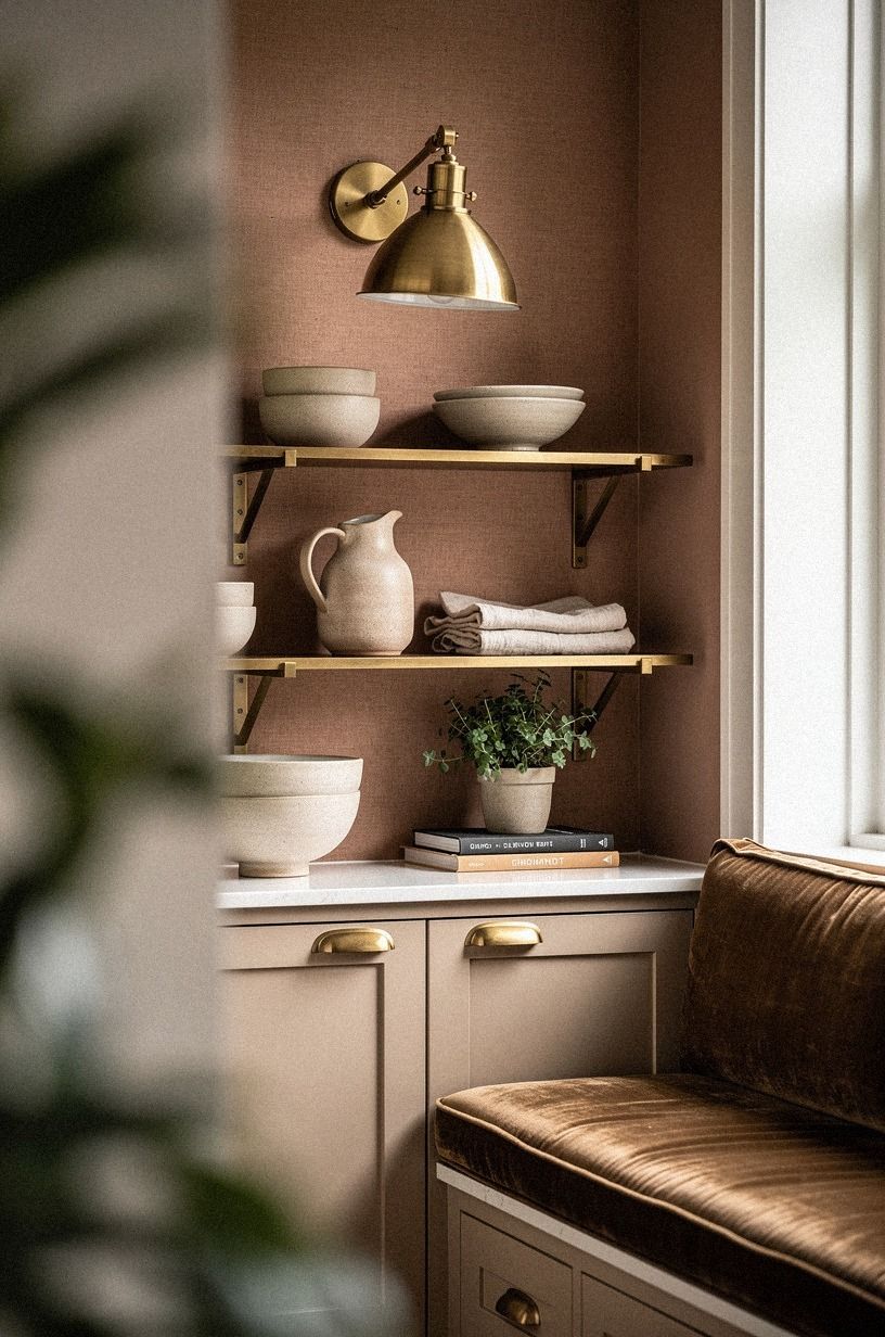 Repeat cabinet hardware on shelf brackets