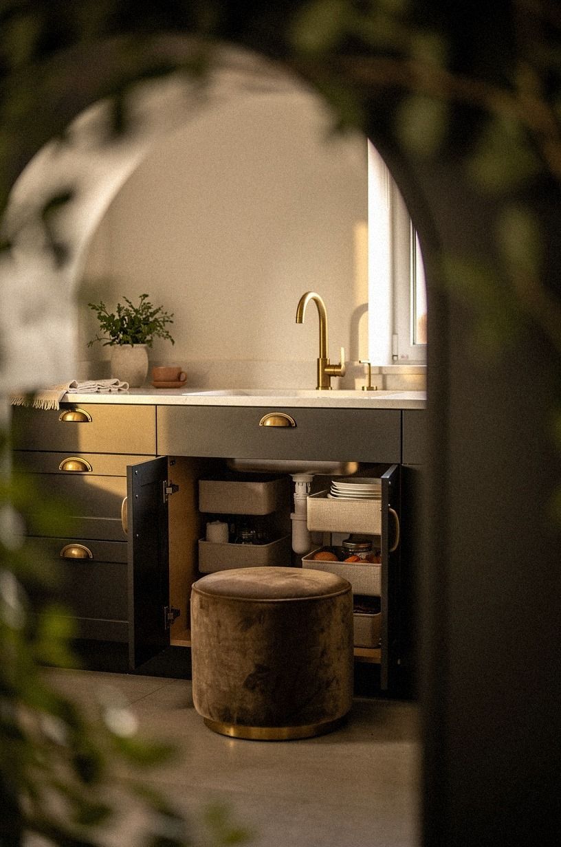 Use brass pulls on dark lower cabinets