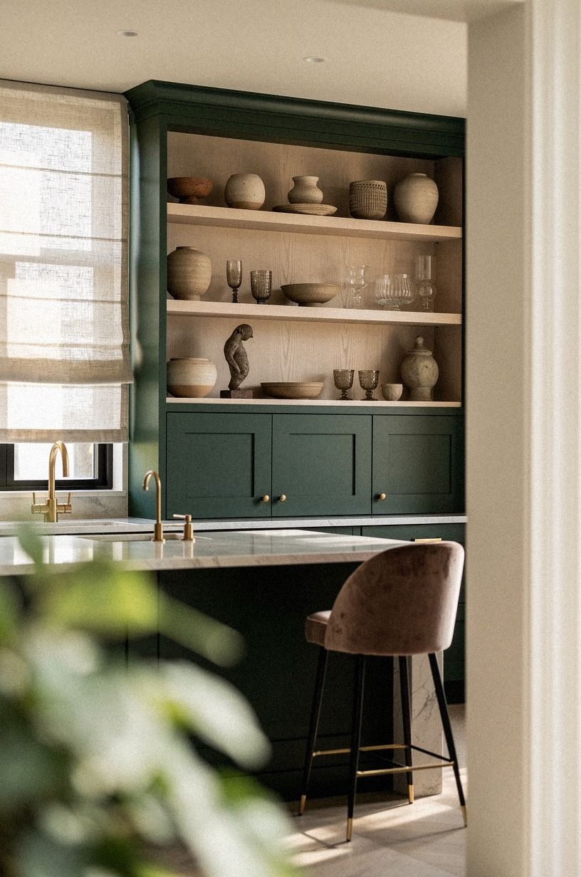 Soften dark green with white oak shelves