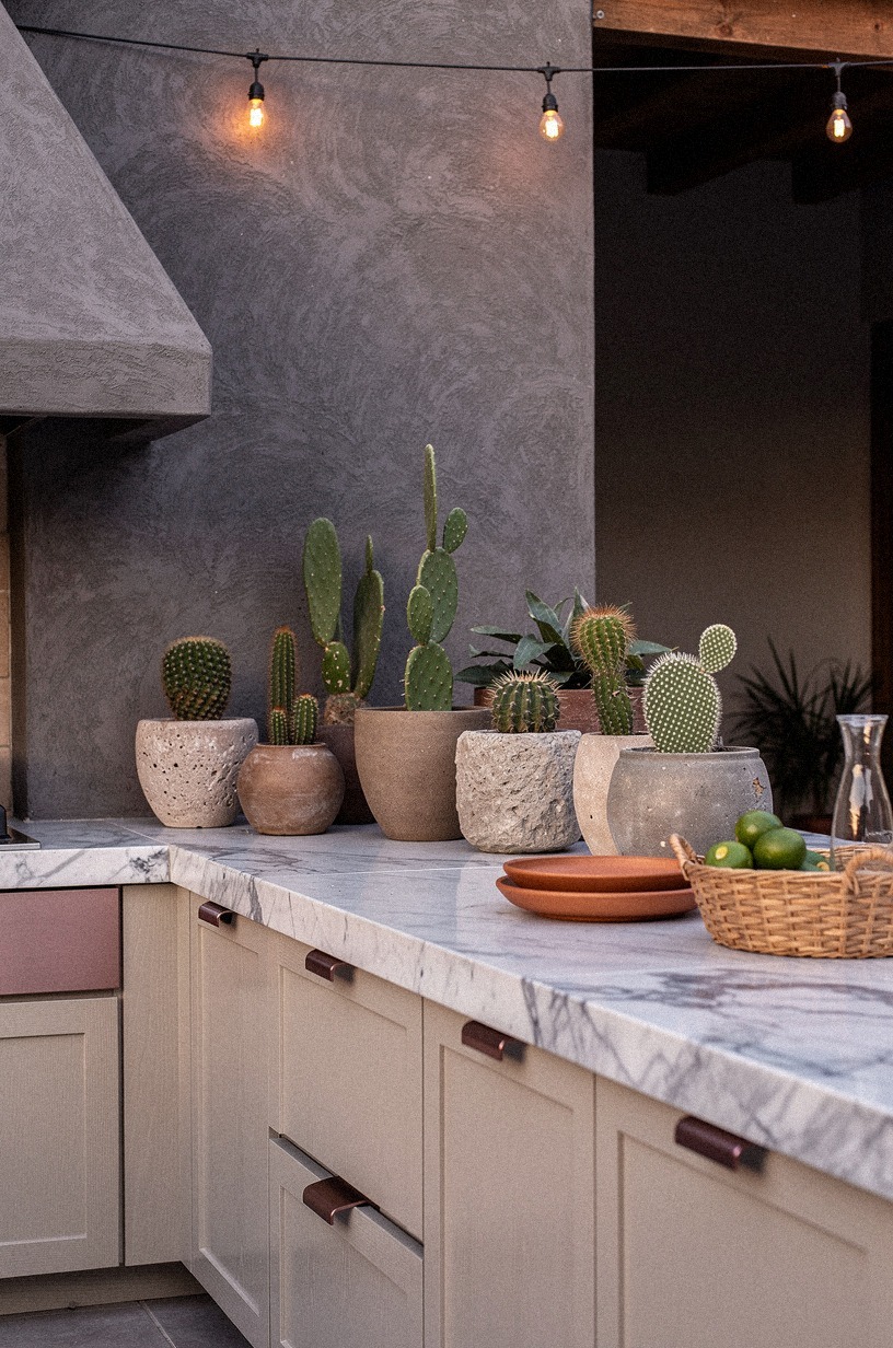 Place cactus planters along the serving ledge