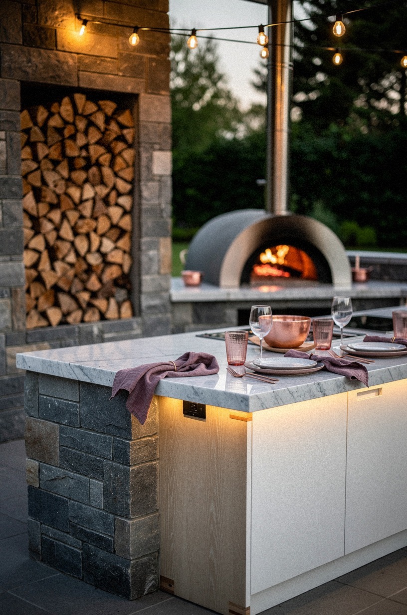 Stack split logs in a recessed stone bay