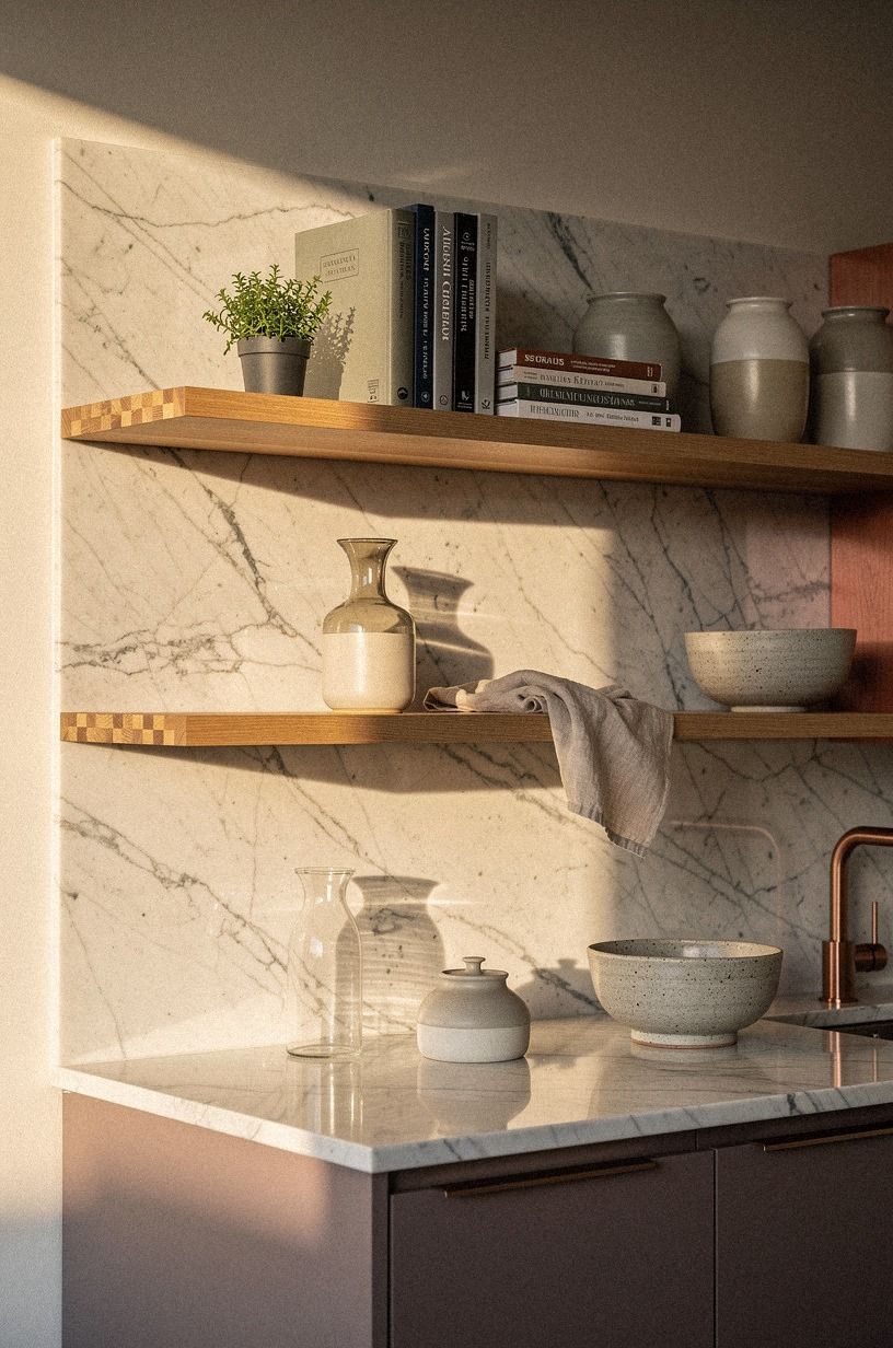 Style one shelf with cookbooks and crocks