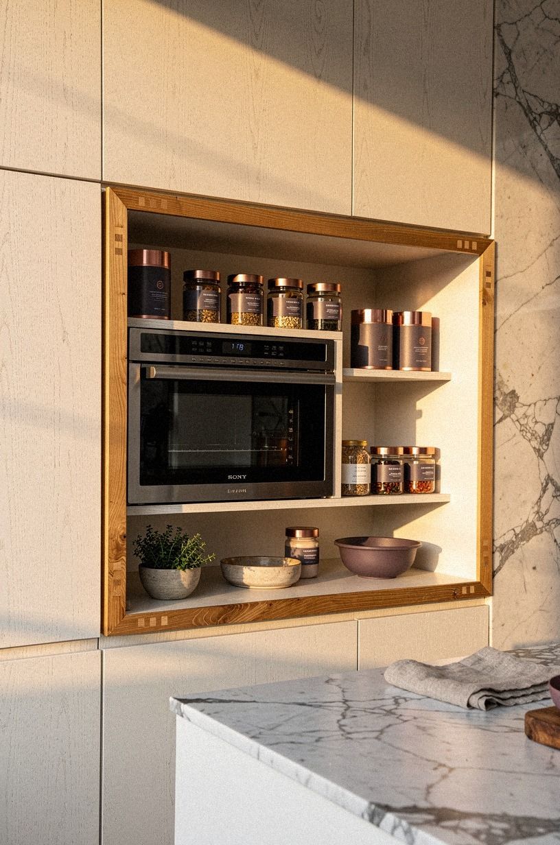 Box the microwave with open spice shelves