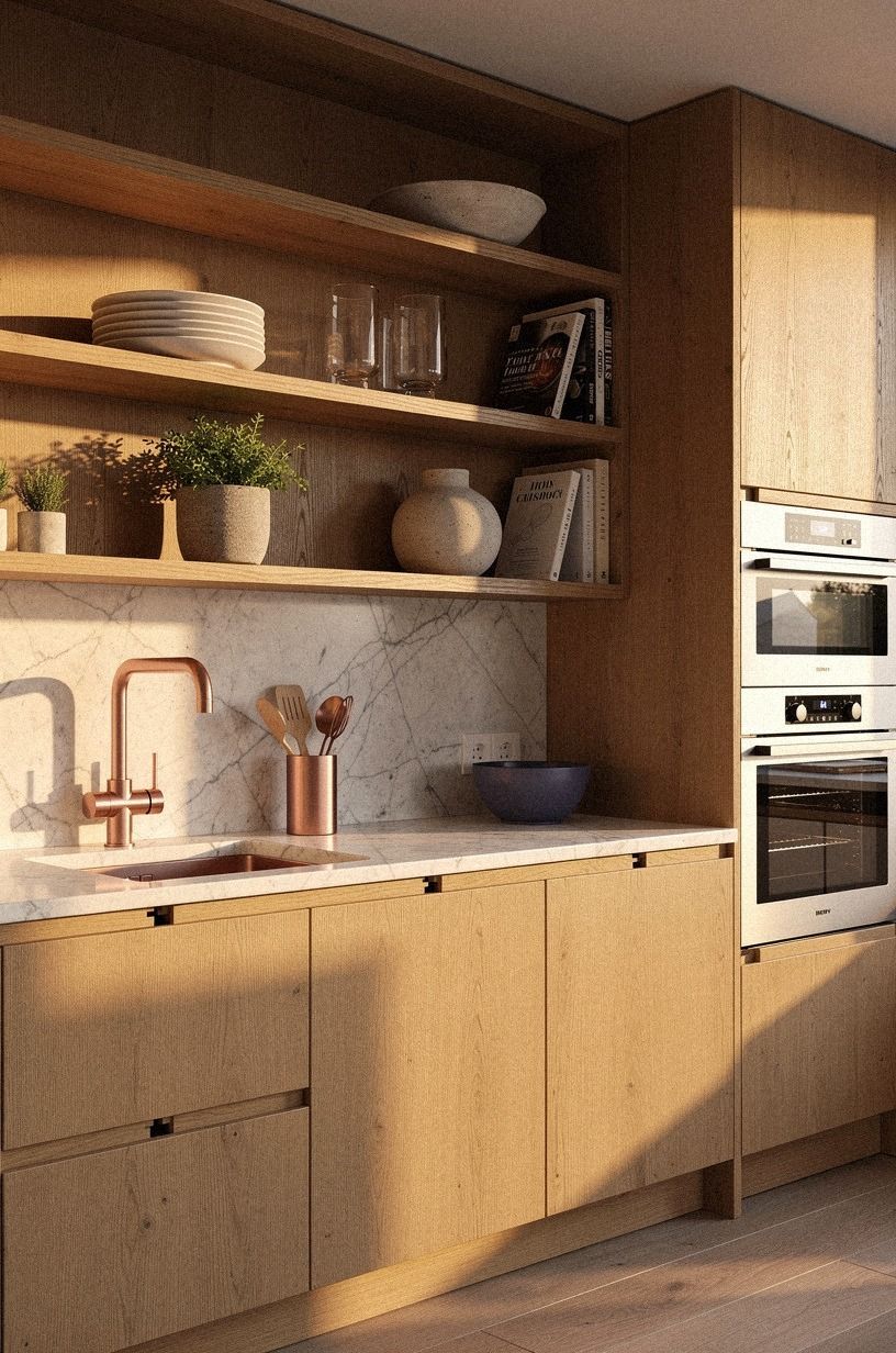Layer open oak shelves above closed storage