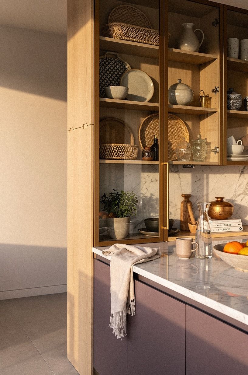 Line shelves with woven trays and ceramics