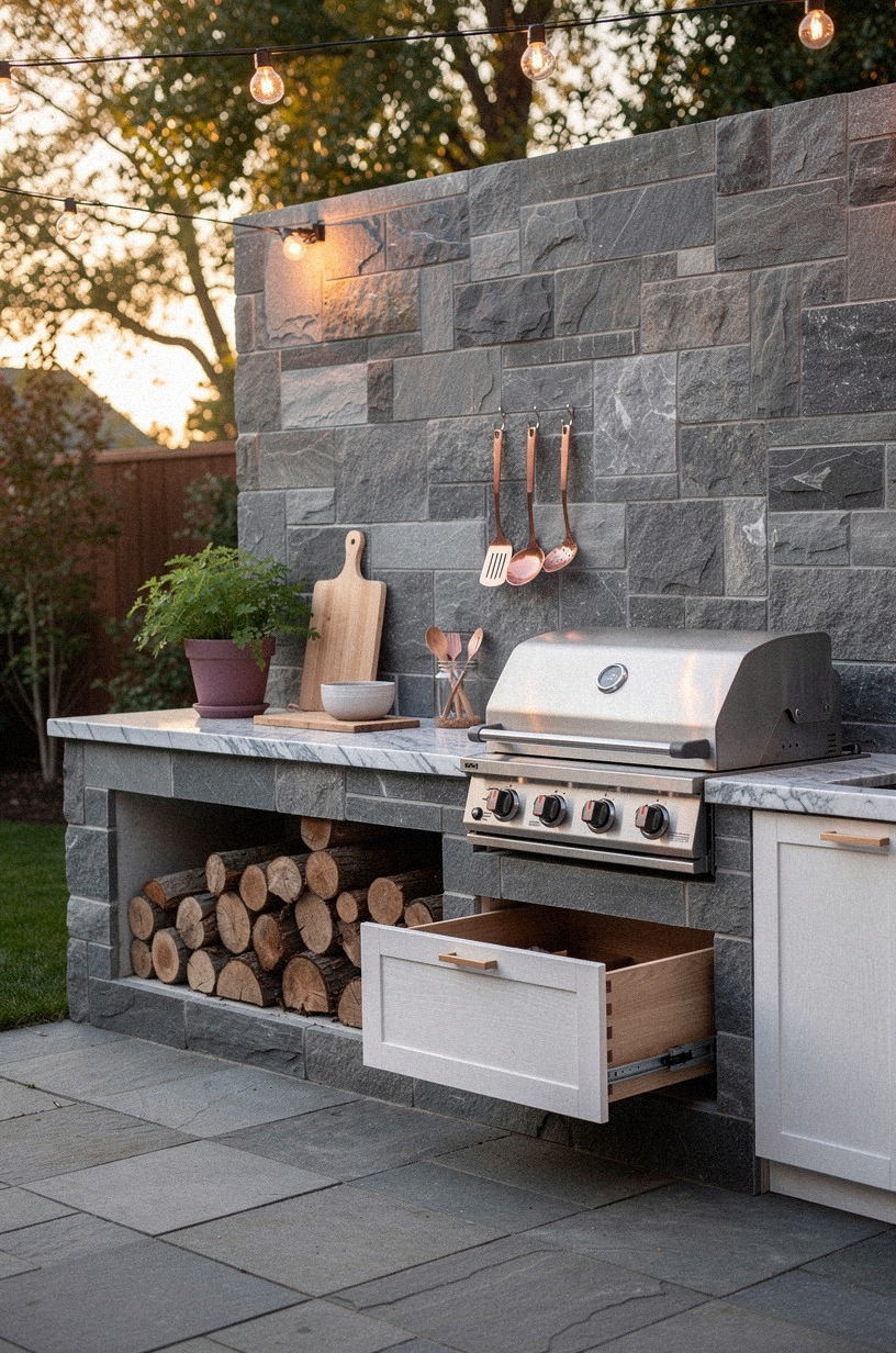 Stack firewood beneath stone counters