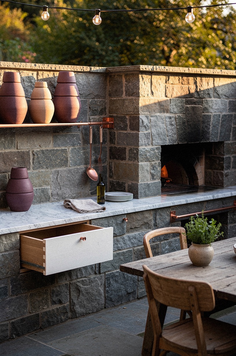 Stack clay pots near the oven nook