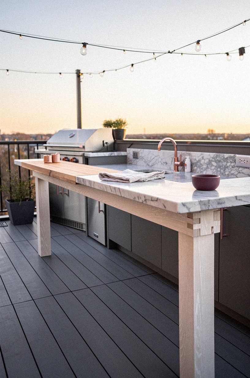 Float a butcher block bar along railing