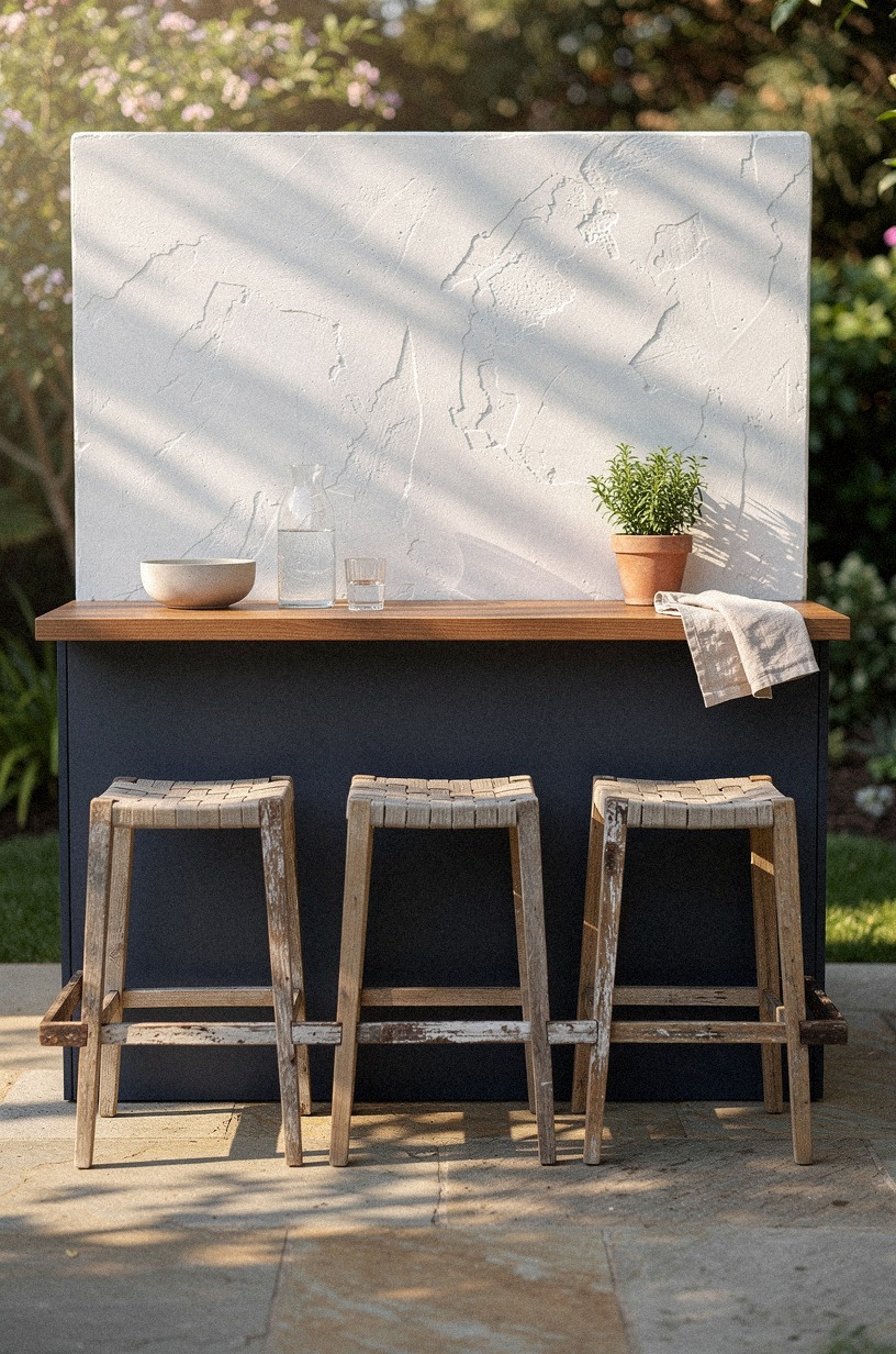 Style woven stools under the serving ledge