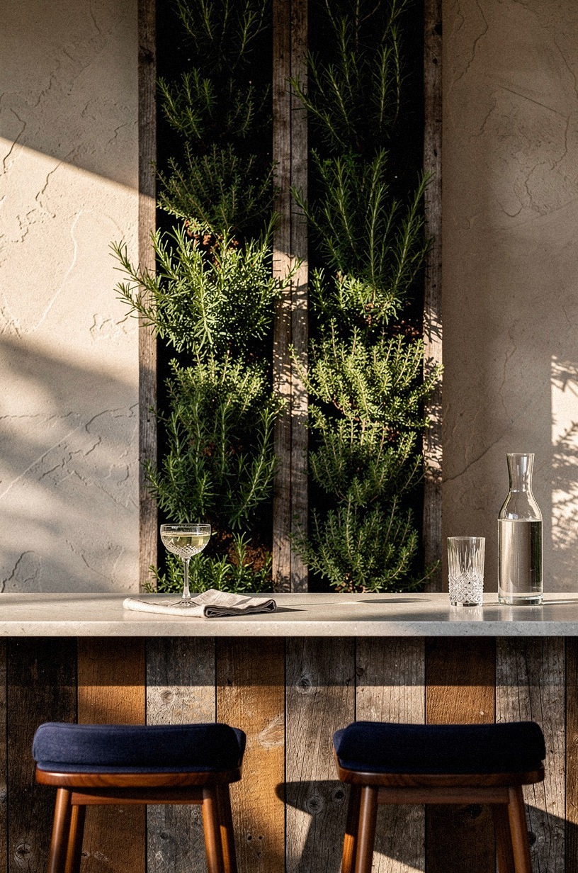 Plant a vertical herb panel behind the cocktail ledge