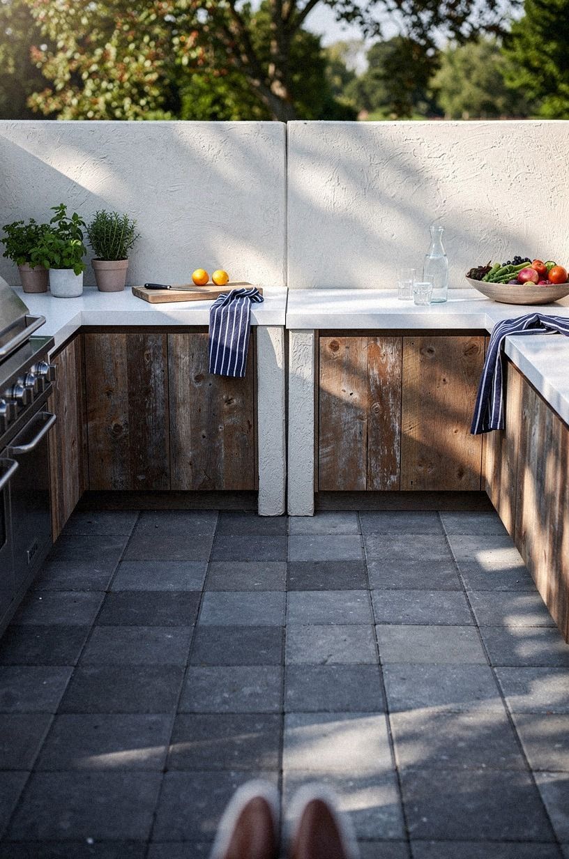 Layer pavers under the entire kitchen zone