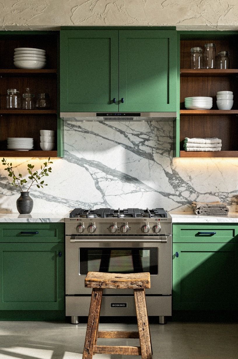 Mix marble backsplash with emerald cabinets