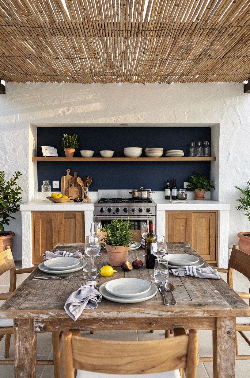 Build a curved bar with stone stools